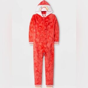 Cat & Jack Red with Rainbow Detail Hooded Sleepwear Plush Jumpsuit Size M (7/8)